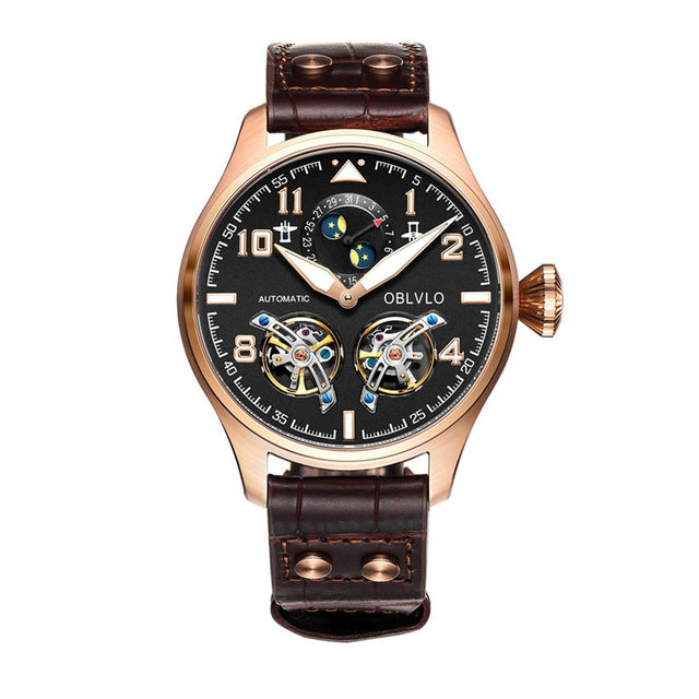 OBLVLO Mens Pilot Brown Leather Strap  WrisrtWatch