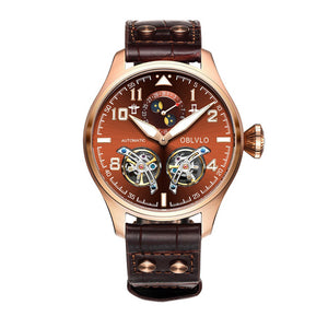 OBLVLO Mens Pilot Brown Leather Strap  WrisrtWatch