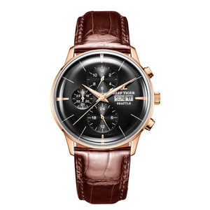 Multi Function Rose Gold Brown Leather Strap men WristWatch