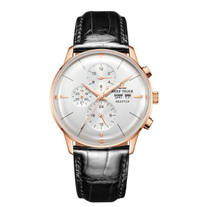 Multi Function Rose Gold Brown Leather Strap men WristWatch