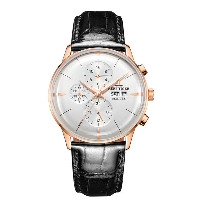 Multi Function Rose Gold Brown Leather Strap men WristWatch