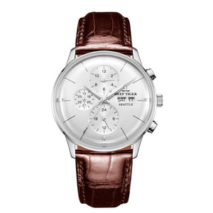 Multi Function Rose Gold Brown Leather Strap men WristWatch