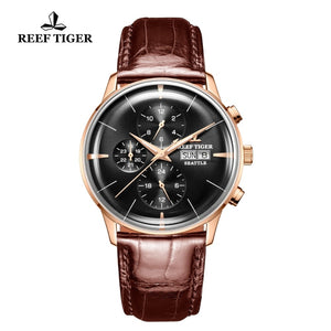 Multi Function Rose Gold Brown Leather Strap men WristWatch